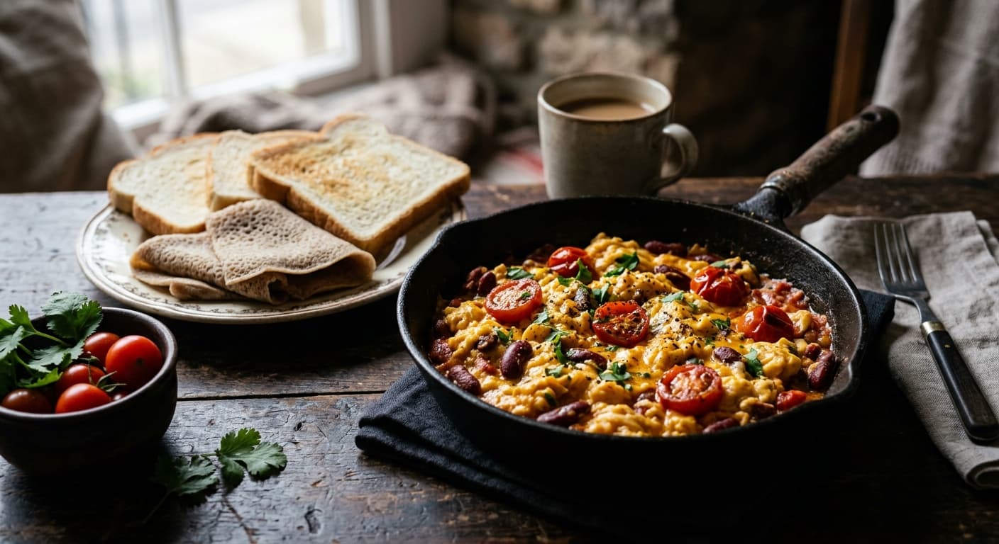 Scrambled Eggs with Beans, Tomato Paste & Cherry Tomatoes